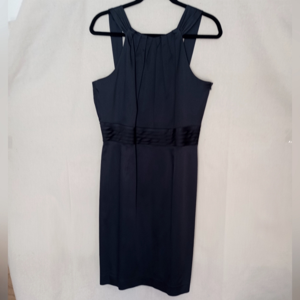 ANTONIO MELANI Black Dark Navy Sleeveless Satin Sheath Midi Dress Size 10